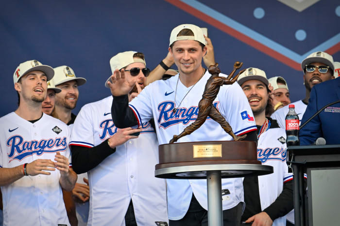 Texas Rangers shortstop Corey Seager during the celebration outside of the ballpark after the World Series championship parade at Globe Life Field.
